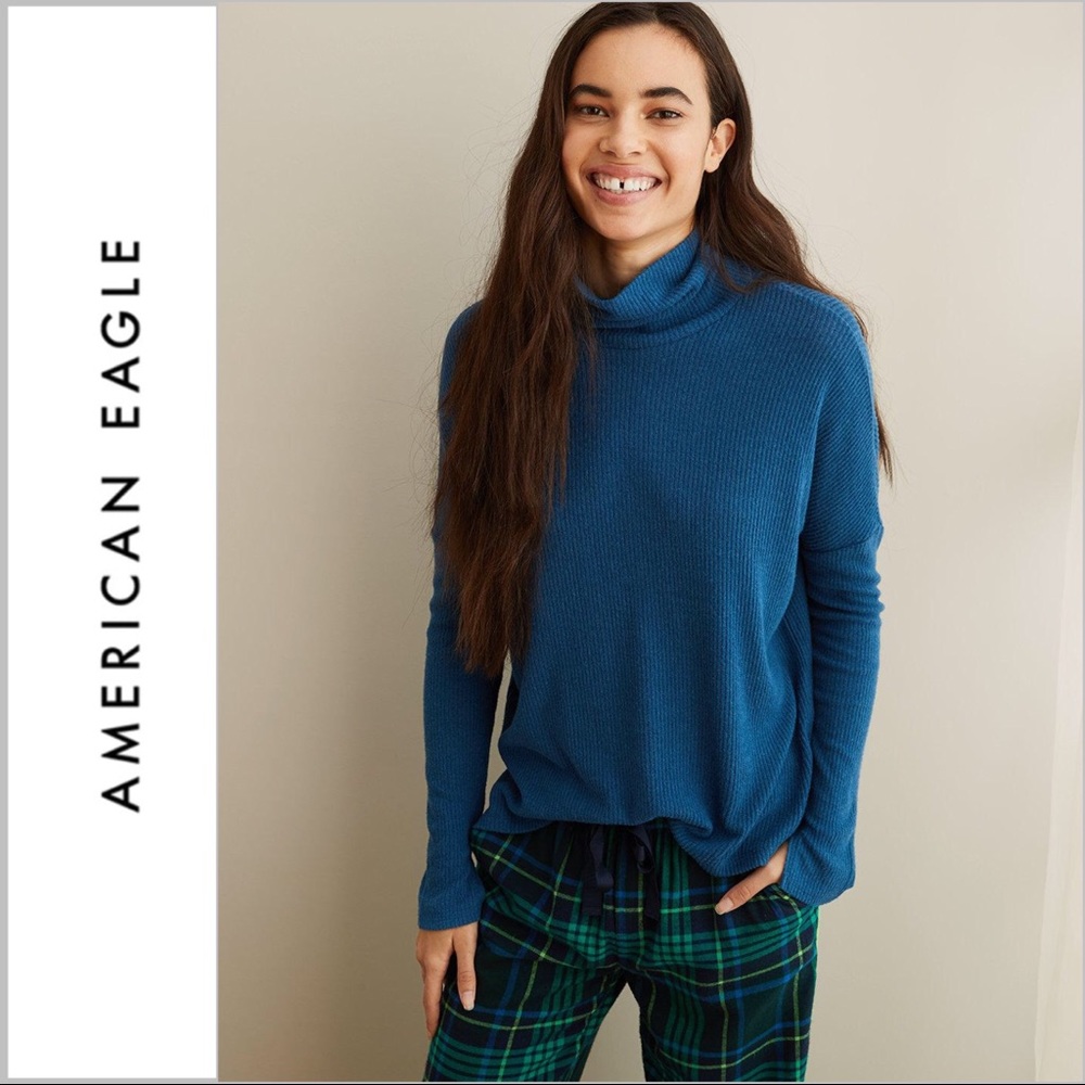 Aerie AE Plush Ribbed Turtleneck Chakra Blue